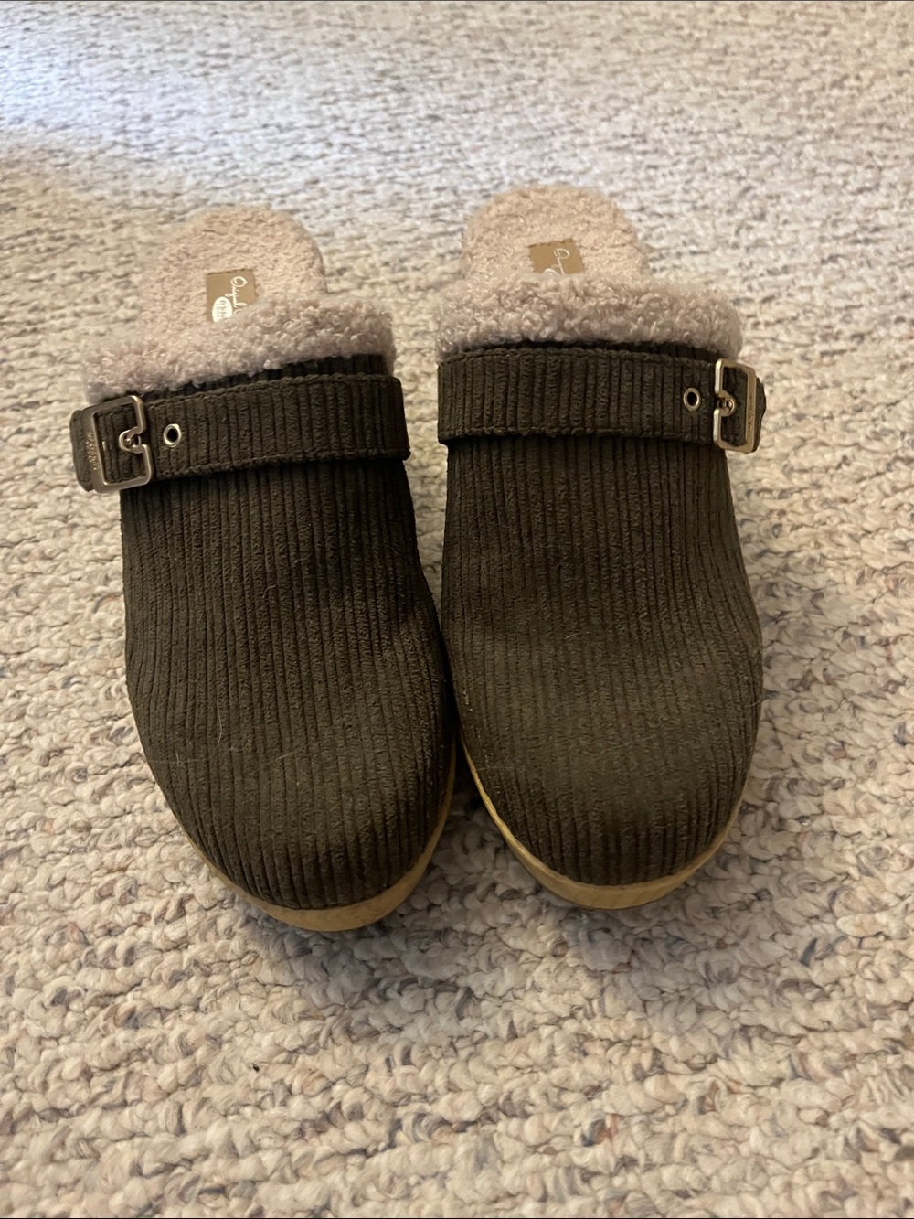 Dr. Scholl's Olive Green Ribbed Faux-Shearling Clogs with Buckle